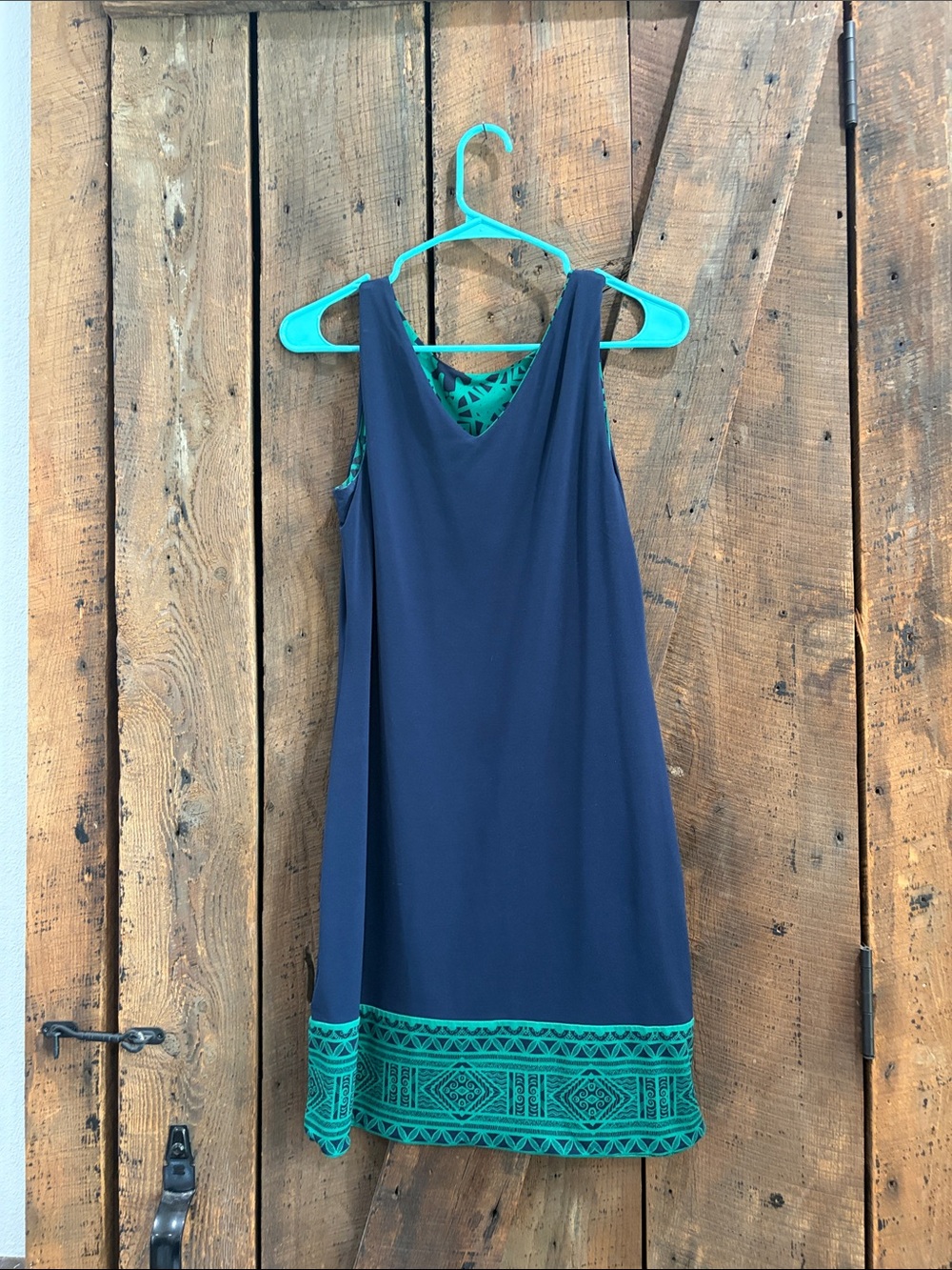 Navy Dress with Teal Embroidered Hem - Sleeveless V-Neck